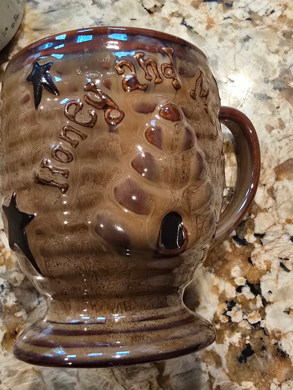 Honey & Me Primitive Ceramic Beehive Pedestal Mug.
